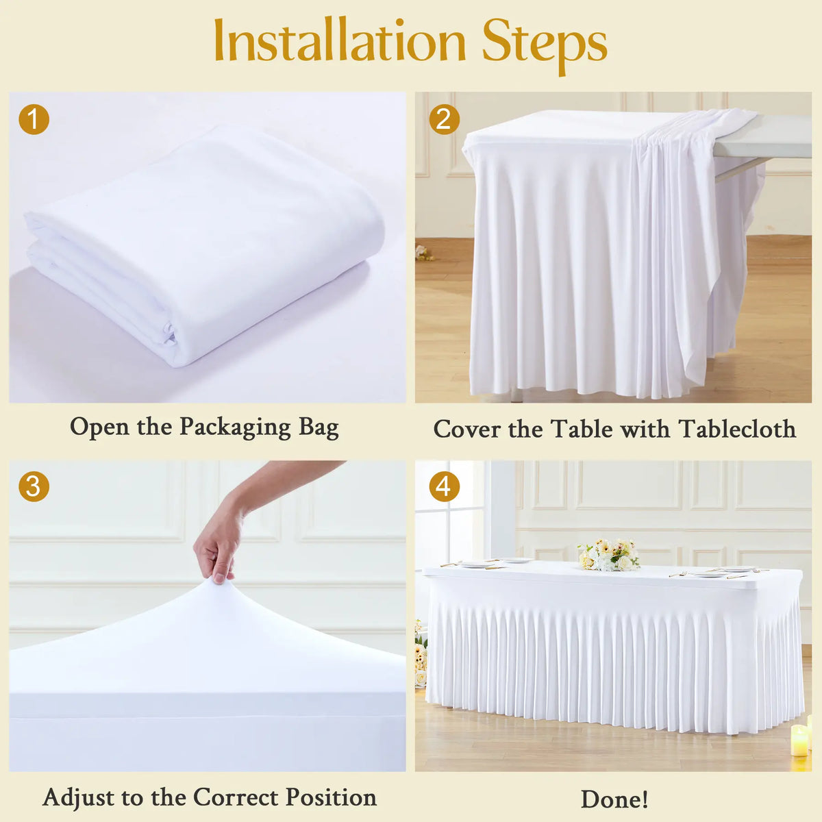 Stretchy Polyester Fitted Tablecloth - 1 Pack Washable Overlay with Wavy Ruffle Look, Quick Setup, Item-Hiding Design, Fits 4/8FT Rectangle & Square Tables, Classic Modern Party Decoration for Weddings, Home Supplies, Overlay Table Cover