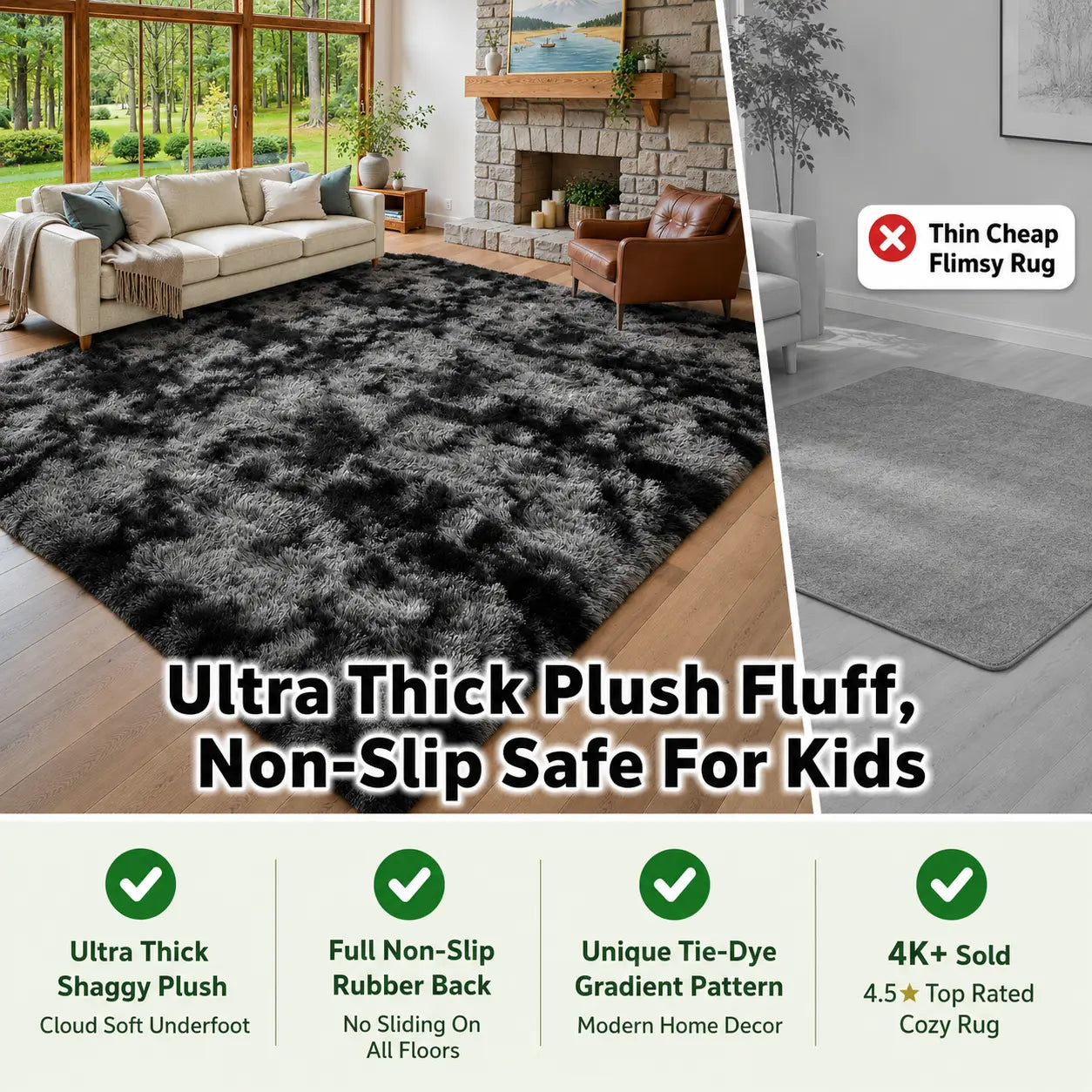 Ultra Soft Fluffy Rug, Shaggy Tie Dye Area Rug with Non Slip Backing, Cozy Plush Carpet for Living Room Bedroom Playroom Home Decor