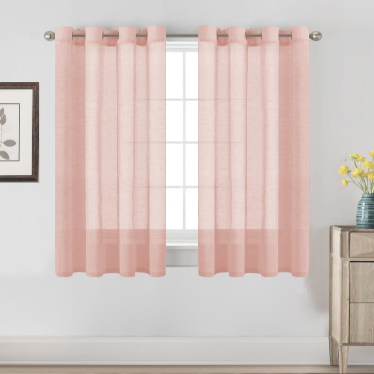 H.VERSAILTEX Natural Linen Sheer Curtains Flax Linen Blended Curtain Panels Living Room, Nickel Grommet Semitransparent Semi-Sheer Soft Privacy Drapes, Natural, 84 inches Long 2 Panels