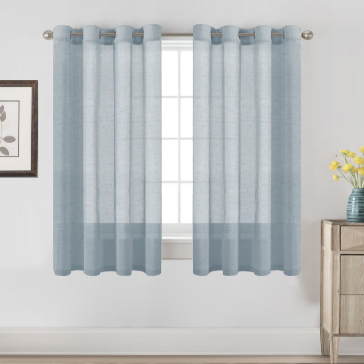 H.VERSAILTEX Natural Linen Sheer Curtains Flax Linen Blended Curtain Panels Living Room, Nickel Grommet Semitransparent Semi-Sheer Soft Privacy Drapes, Natural, 84 inches Long 2 Panels
