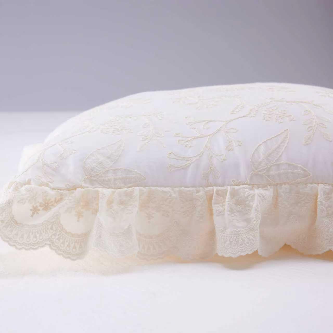 HAUSFRAU 18x18 Throw Pillow Covers Pillowcase Set of 2, French Style Cream | Floral Embroidered & Lace Ruffle Trim Chic Decorative Square Pillowcase Pillow Sham for Sofa, Couch, Wedding, Square