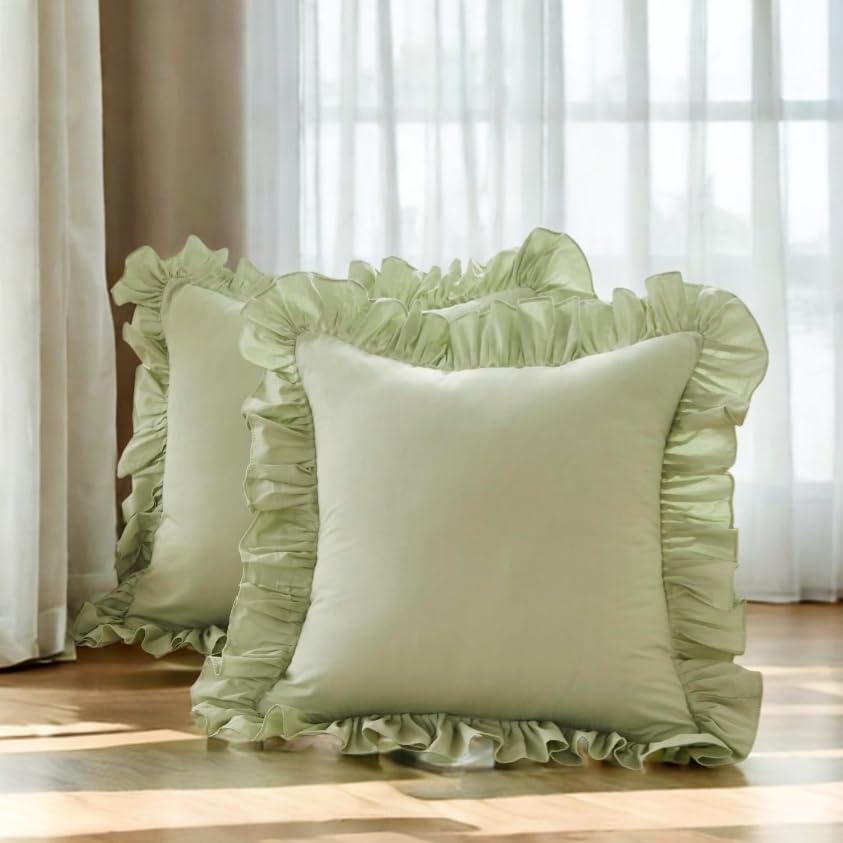 Lemfux Cotton Euro Shams with White Lace Ruffles, 26 x26 Inch, Set of 2,Rustic Farmhouse Lace Shabby Soft Breathable Bridal Pure White European, White Decorative Pillow Covers