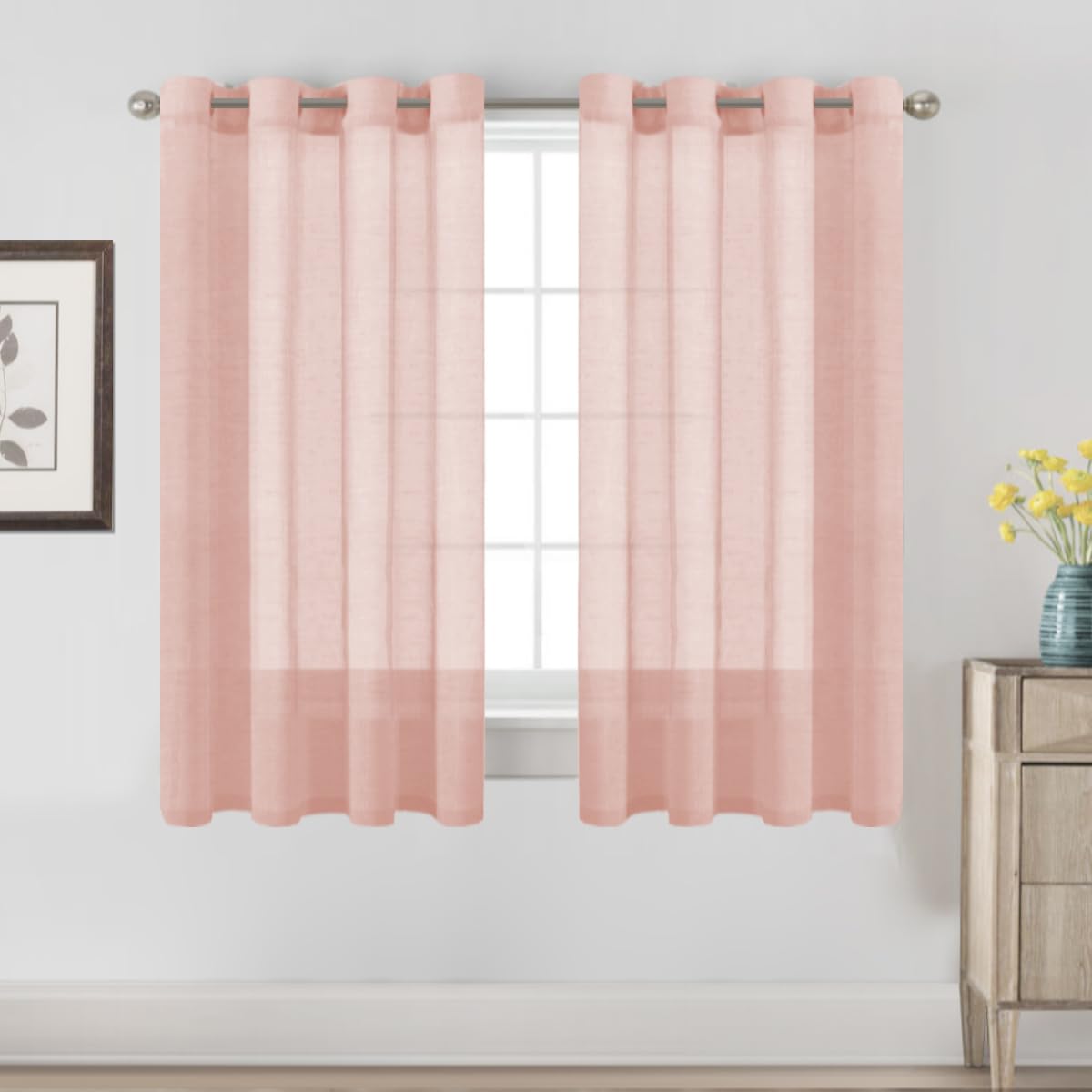 H.VERSAILTEX Natural Linen Sheer Curtains Flax Linen Blended Curtain Panels Living Room, Nickel Grommet Semitransparent Semi-Sheer Soft Privacy Drapes, Natural, 84 inches Long 2 Panels