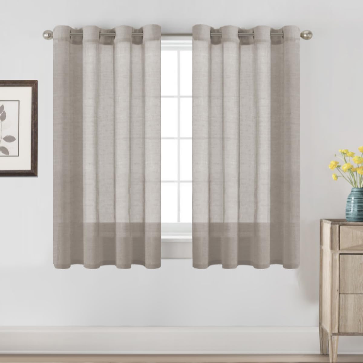 H.VERSAILTEX Natural Linen Sheer Curtains Flax Linen Blended Curtain Panels Living Room, Nickel Grommet Semitransparent Semi-Sheer Soft Privacy Drapes, Natural, 84 inches Long 2 Panels