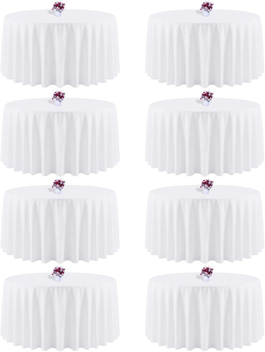 120 Inch White Round Tablecloth, 8 Pack | Wrinkle Resistant, For 4Ft-7Ft Round Table, Polyester Fabric, Washable Table Cloth, For Dining Wedding Party Buffet