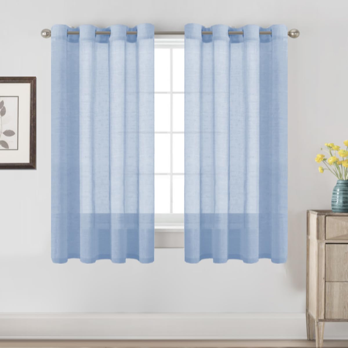 H.VERSAILTEX Natural Linen Sheer Curtains Flax Linen Blended Curtain Panels Living Room, Nickel Grommet Semitransparent Semi-Sheer Soft Privacy Drapes, Natural, 84 inches Long 2 Panels