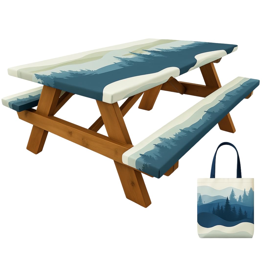 Vinyl Fitted Picnic Table Cover with Bench Covers & Blue 6ft Blue Checkered | Vinyl Fitted Picnic Table Cover with Bench Covers and Bag, Outdoor Waterproof Windproof Picnic Tablecloth with Elastic Edges.