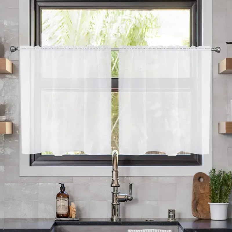 youleyar Solid Sheer Rod Pocket Curtain Voile Draperies 2 Panels White Beige Black Grey Coffee 52 Inch Width 84 Inch Long 1 Pair for Kitchen Bedroom Children Living Room Yard (Ivory,52W ｘ 84L)