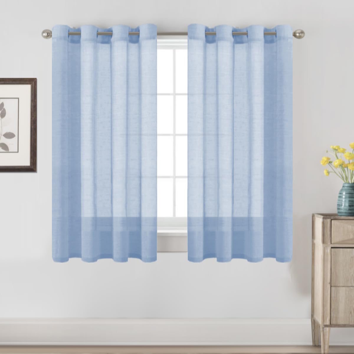 H.VERSAILTEX Natural Linen Sheer Curtains Flax Linen Blended Curtain Panels Living Room, Nickel Grommet Semitransparent Semi-Sheer Soft Privacy Drapes, Natural, 84 inches Long 2 Panels