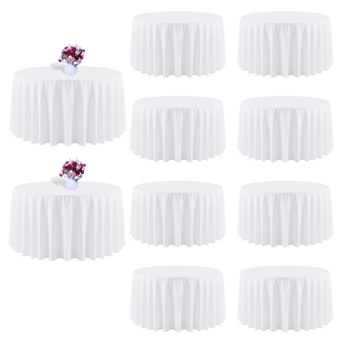 120 Inch White Round Tablecloth, 8 Pack | Wrinkle Resistant, For 4Ft-7Ft Round Table, Polyester Fabric, Washable Table Cloth, For Dining Wedding Party Buffet