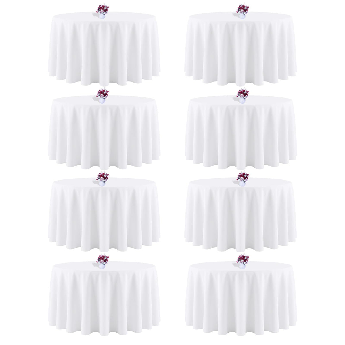 120 Inch White Round Tablecloth, 8 Pack | Wrinkle Resistant, For 4Ft-7Ft Round Table, Polyester Fabric, Washable Table Cloth, For Dining Wedding Party Buffet