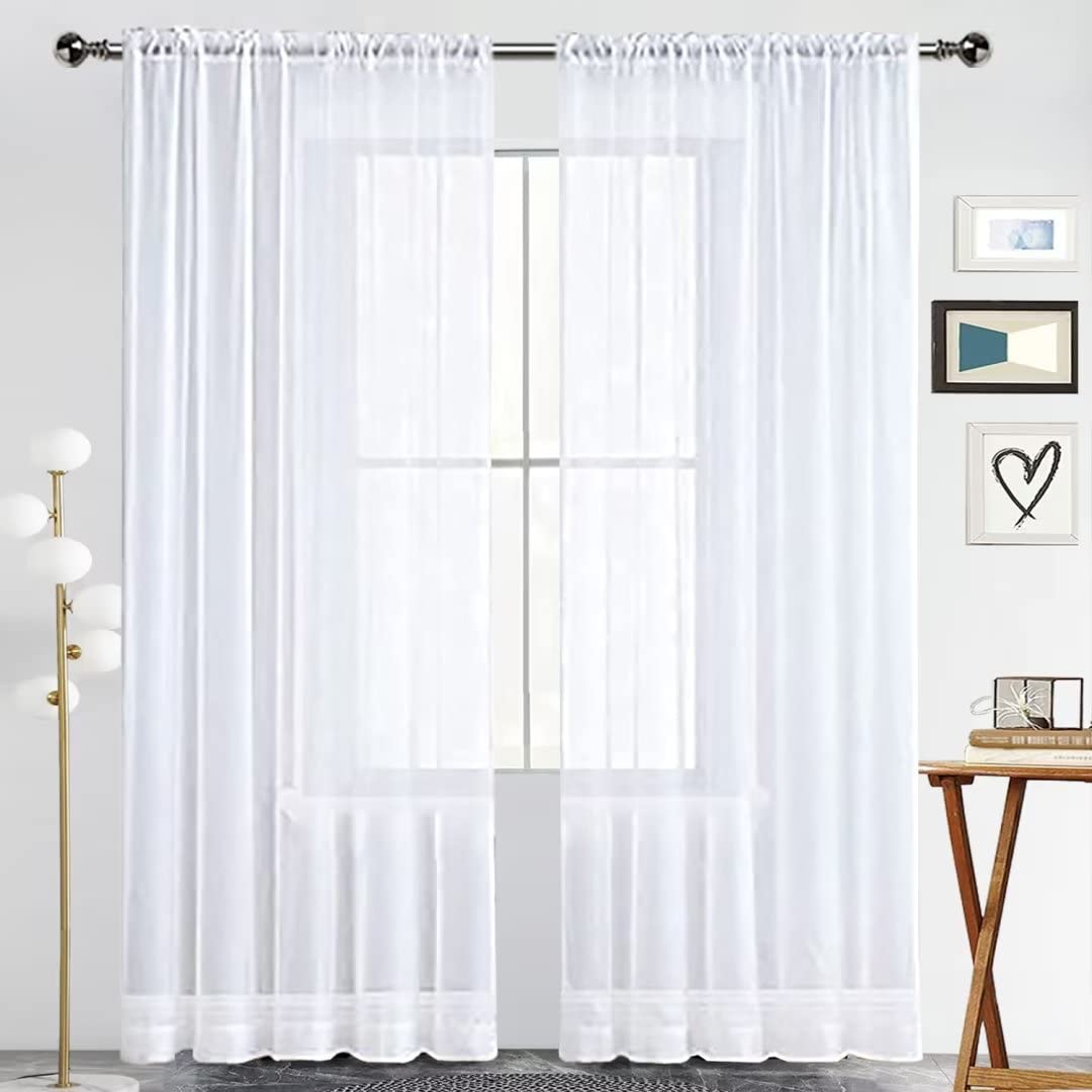 SpaceDresser Basic Rod Pocket Sheer Voile Window Curtain Panels White 1 Pair 2 Panels 52 Width 84 Inch Long for Kitchen Bedroom Children Living Room Yard(White,52 W x 84 L)