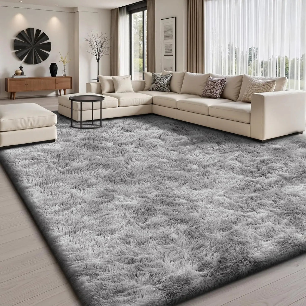 ComiComi Tie-Dye Shaggy 8x10 Area Rugs For Living Room, Ultra Soft Fluffy Plush Furry Carpet, Machine Washable, Non-Slip, Large Fuzzy Rugs For Bedroom,Gaming Room, Stream Room, Men's Room Apartment Decor, Dark Gray Black, Cool Rugs For Teenage Boy