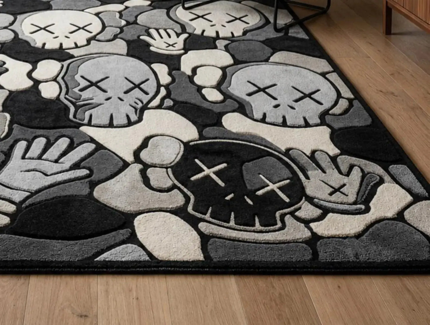KAWS Inspired Large Hand-Tufted Wool Area Rug, Modern Abstract Grey Black Cream, Luxury Hypebeast Home Decor, Custom Sizes 8x10, 9x12, 10x14