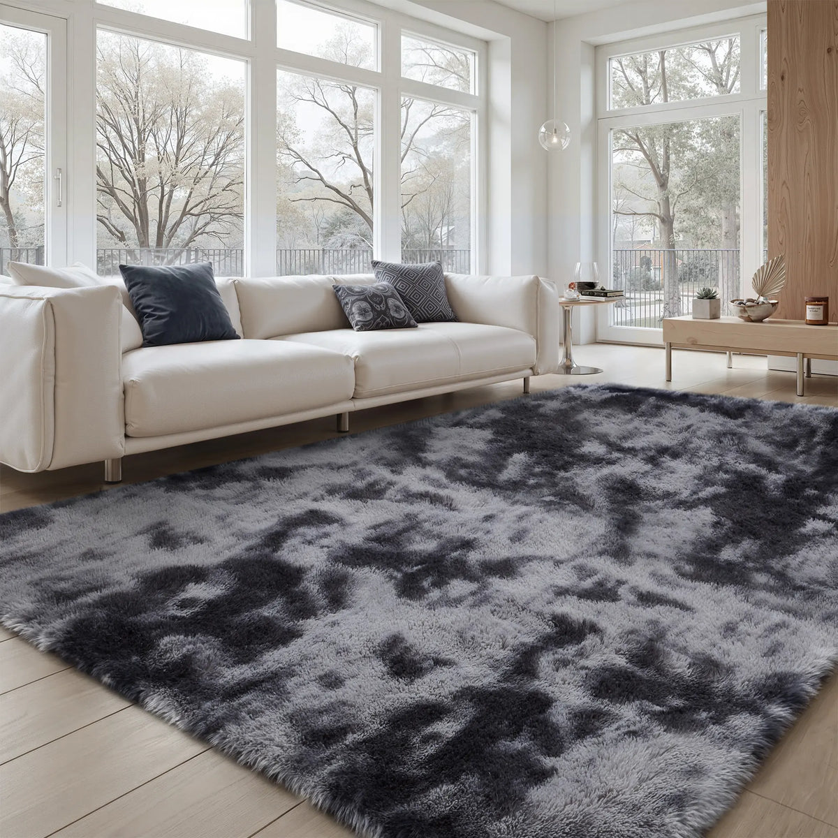 ComiComi Tie-Dye Shaggy 8x10 Area Rugs For Living Room, Ultra Soft Fluffy Plush Furry Carpet, Machine Washable, Non-Slip, Large Fuzzy Rugs For Bedroom,Gaming Room, Stream Room, Men's Room Apartment Decor, Dark Gray Black, Cool Rugs For Teenage Boy