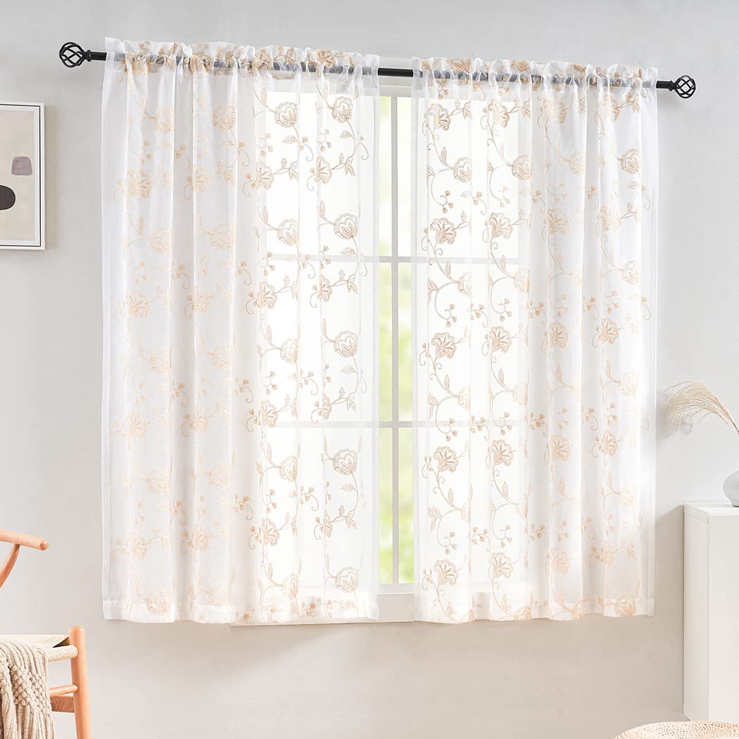 MYSTIC-HOME Sheer Curtains White 63 Inch Length, Rod Pocket Voile Drapes for Living Room, Bedroom, Window Treatments Semi Crinkle Curtain Panels for Yard, Patio, Villa, Parlor, Set of 2, 52"x 63"