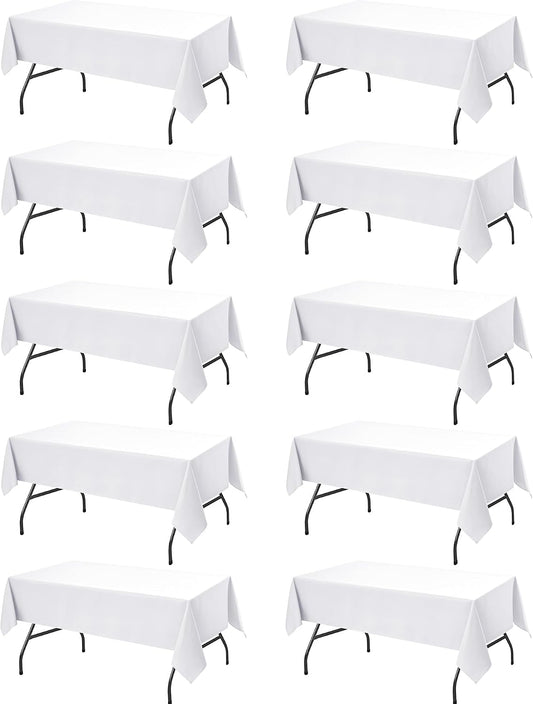 10-Pack White Tablecloths for Rectangle Tables, 60 x 102 Inches | Stain-Resistant Polyester Fabric for 6 Foot Tables - Washable Table Covers for Weddings, Banquets, Birthday, Parties, Events