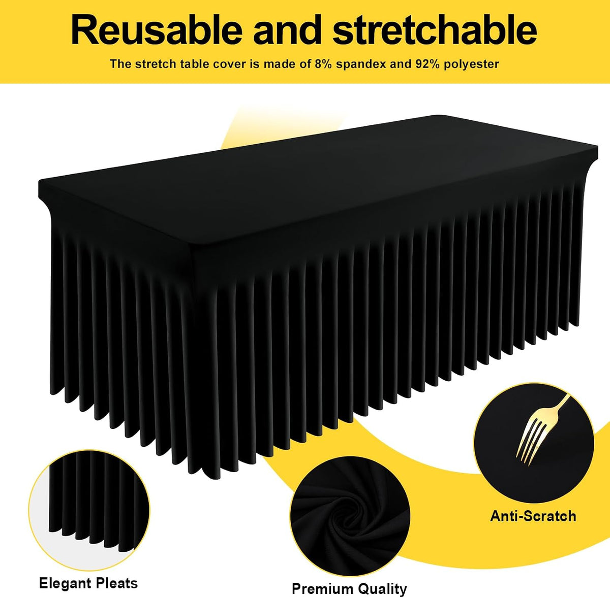 Smiry Spandex Elastic Fitted Table Cloth Skirt for 6FT Rectangle Table | Stretch Washable Table Cloth, Banquet Table Cover for Wedding, Party, Indoor & Trade Shows, (Black, 72Lx30Wx30H)