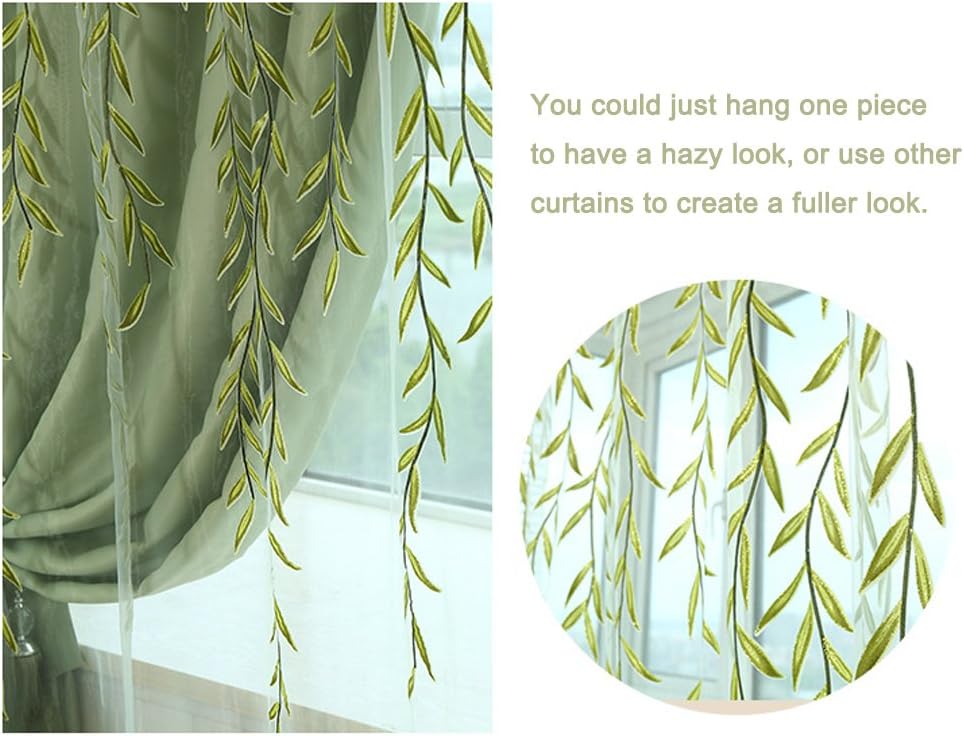 Ufurty 2pcs Willow Leaf Window Curtain Voile Tulle Vine Sheer Curtains | Room Salix Leaf Sheer Gauze Panel Drapes Green Color for Living Room, Bedroom, Balcony
