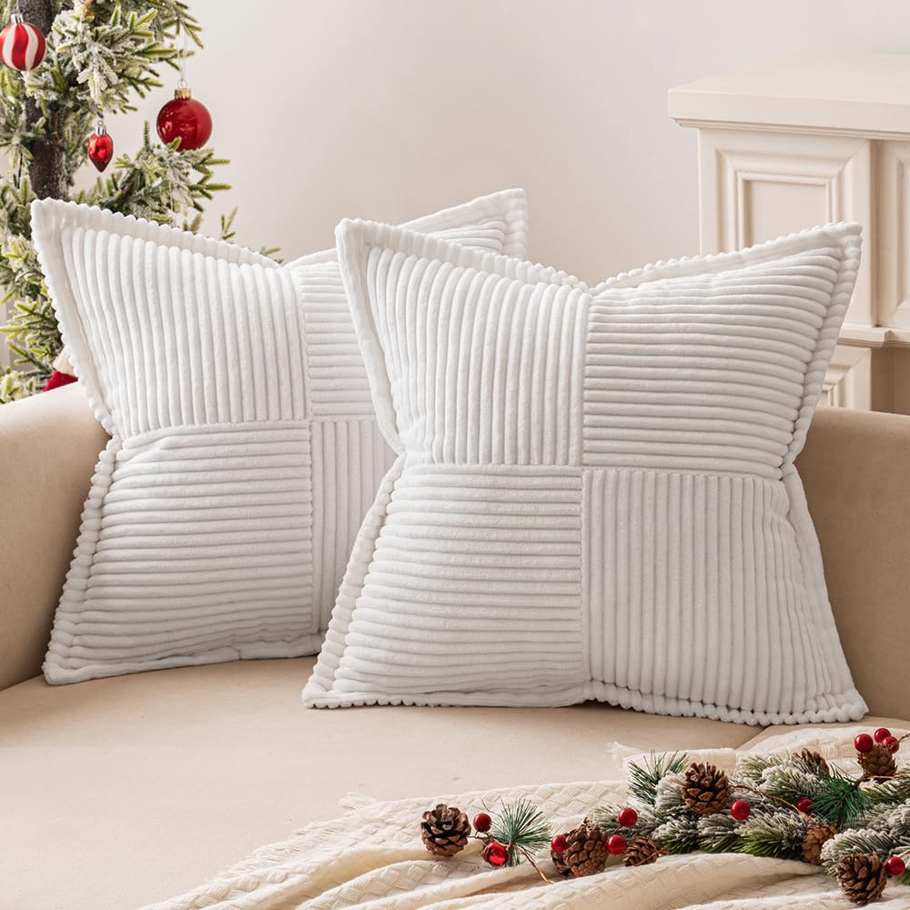 MIULEE Decorative Throw Pillow Covers for Couch 18x18 Inch Beige 2 Pack | Boho Broadside Striped Patchwork Pillow Covers, Soft Corduroy Cushion Cases, For Sofa Bed Livingroom Home Decor