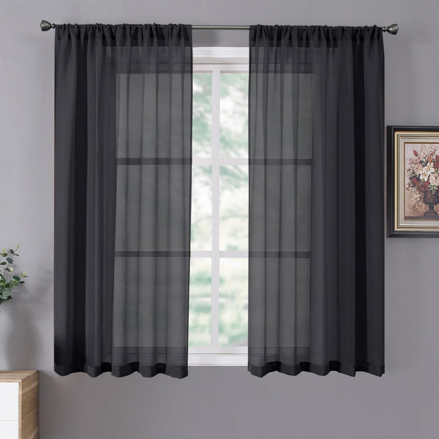 Tollpiz Sheer Curtains Living Room Linen Textured Curtain Sheers Light Filtering Voile Rod Pocket Curtains for Bedroom, 38 x 63 inches Long, White, Set of 2 Panels