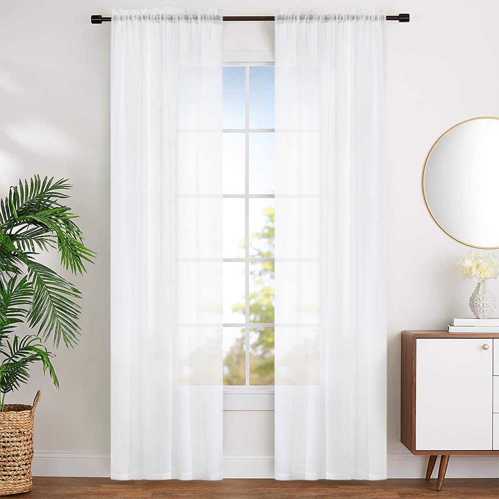MYSTIC-HOME Sheer Curtains White 63 Inch Length, Rod Pocket Voile Drapes for Living Room, Bedroom, Window Treatments Semi Crinkle Curtain Panels for Yard, Patio, Villa, Parlor, Set of 2, 52"x 63"