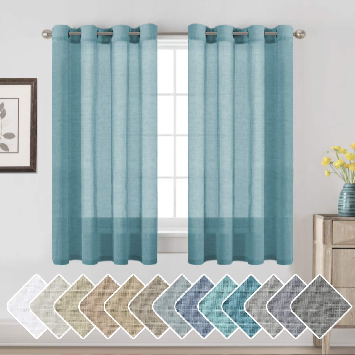 H.VERSAILTEX Natural Linen Sheer Curtains Flax Linen Blended Curtain Panels Living Room, Nickel Grommet Semitransparent Semi-Sheer Soft Privacy Drapes, Natural, 84 inches Long 2 Panels
