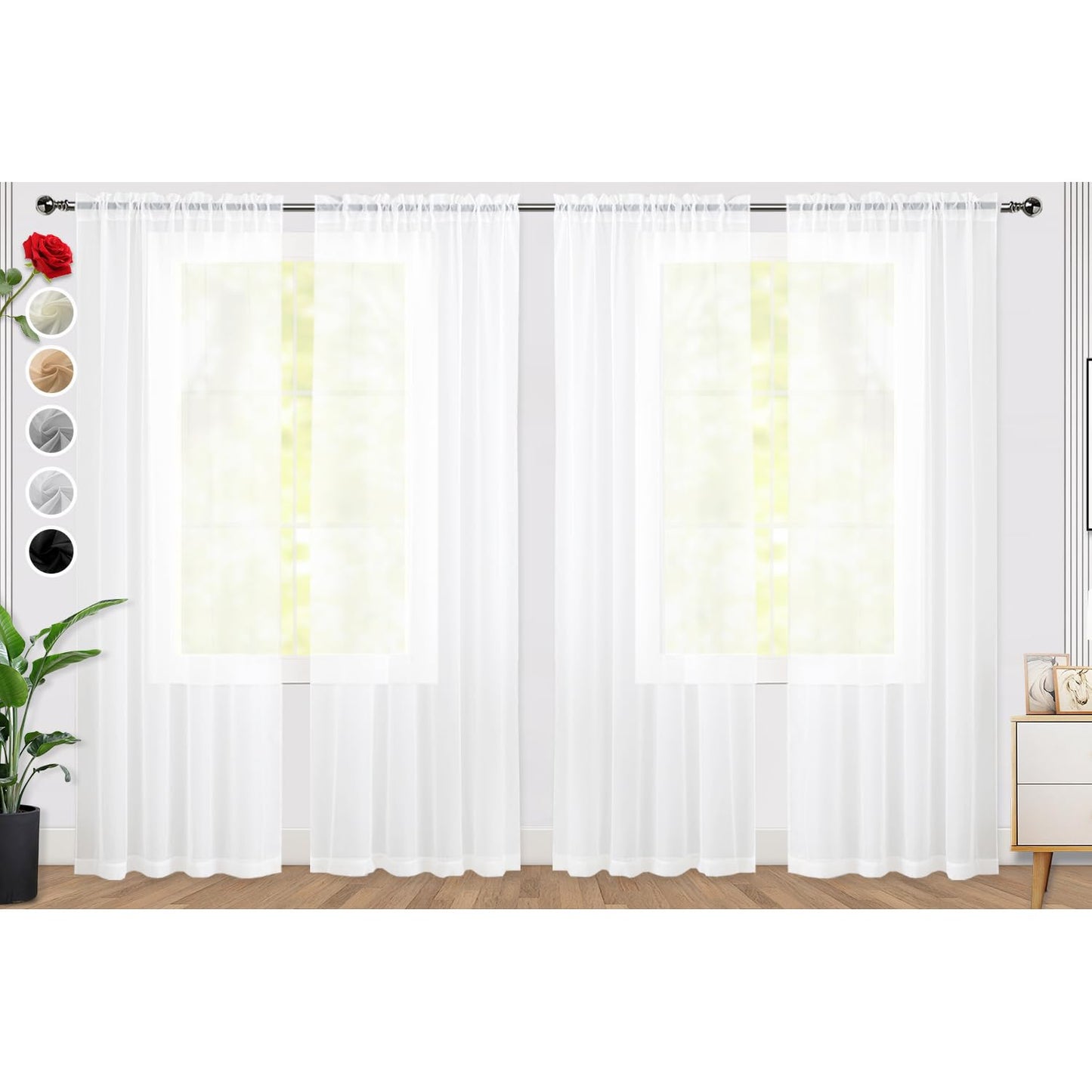 SpaceDresser Basic Rod Pocket Sheer Voile Window Curtain Panels White 1 Pair 2 Panels 52 Width 84 Inch Long for Kitchen Bedroom Children Living Room Yard(White,52 W x 84 L)