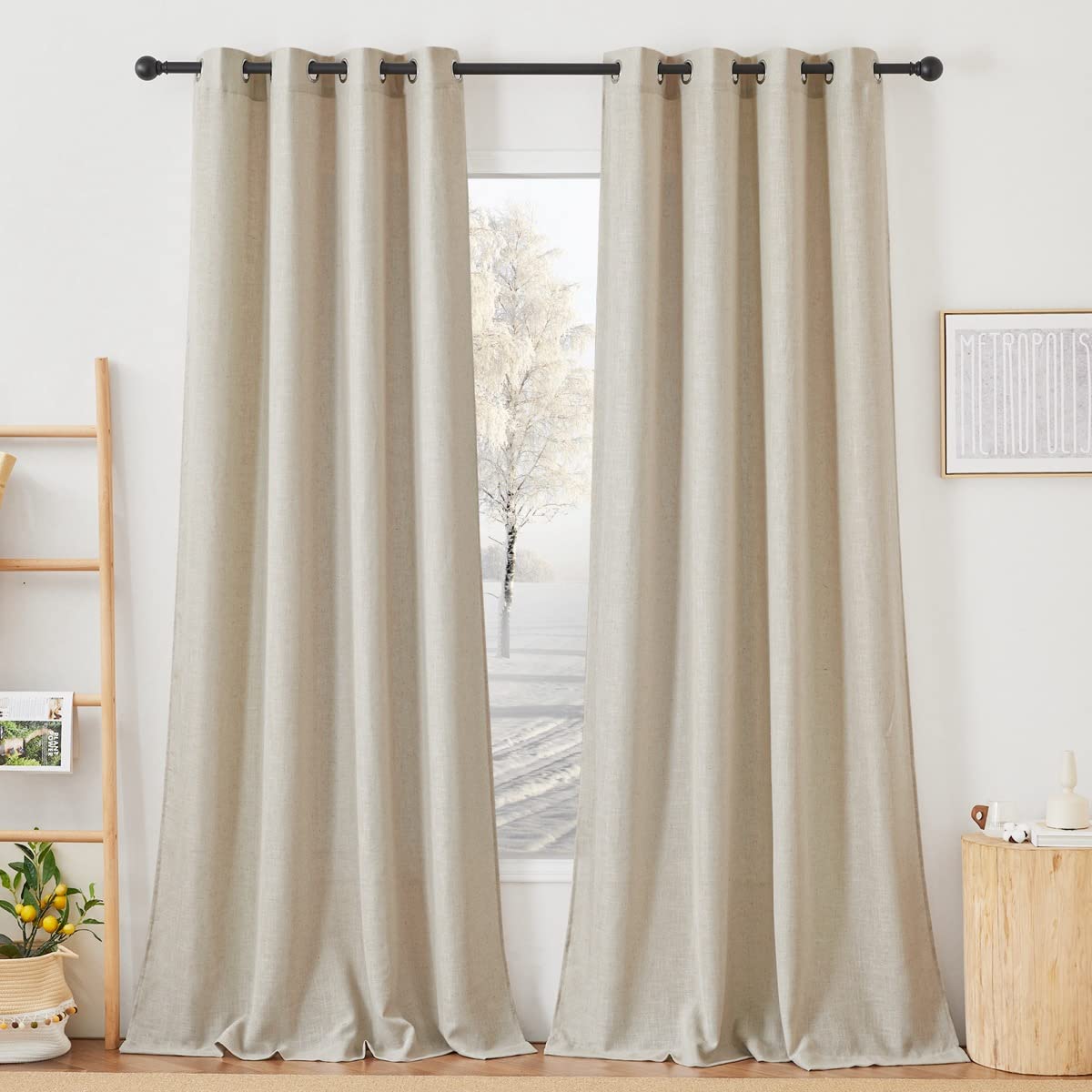 NICETOWN White Sheer Linen Curtains for Living Room 84 inch Length 2 Panels Set, Grommet Semi Sheer Privacy with Light Filtering Flax Window Treatments for Bedroom, W52 x L84