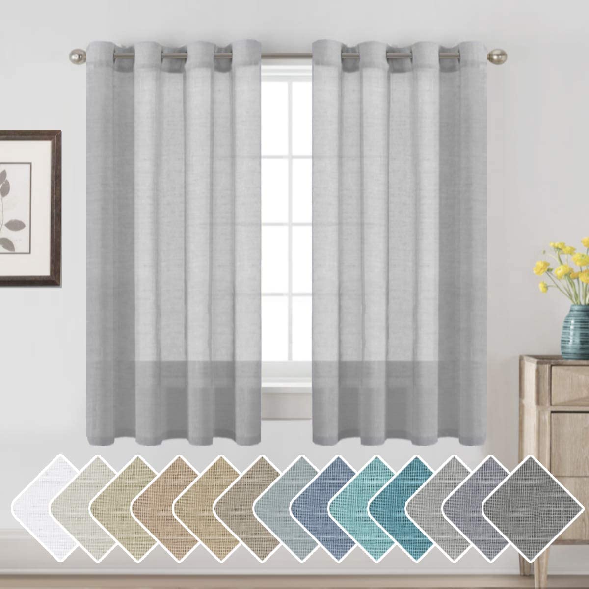 H.VERSAILTEX Natural Linen Sheer Curtains Flax Linen Blended Curtain Panels Living Room, Nickel Grommet Semitransparent Semi-Sheer Soft Privacy Drapes, Natural, 84 inches Long 2 Panels