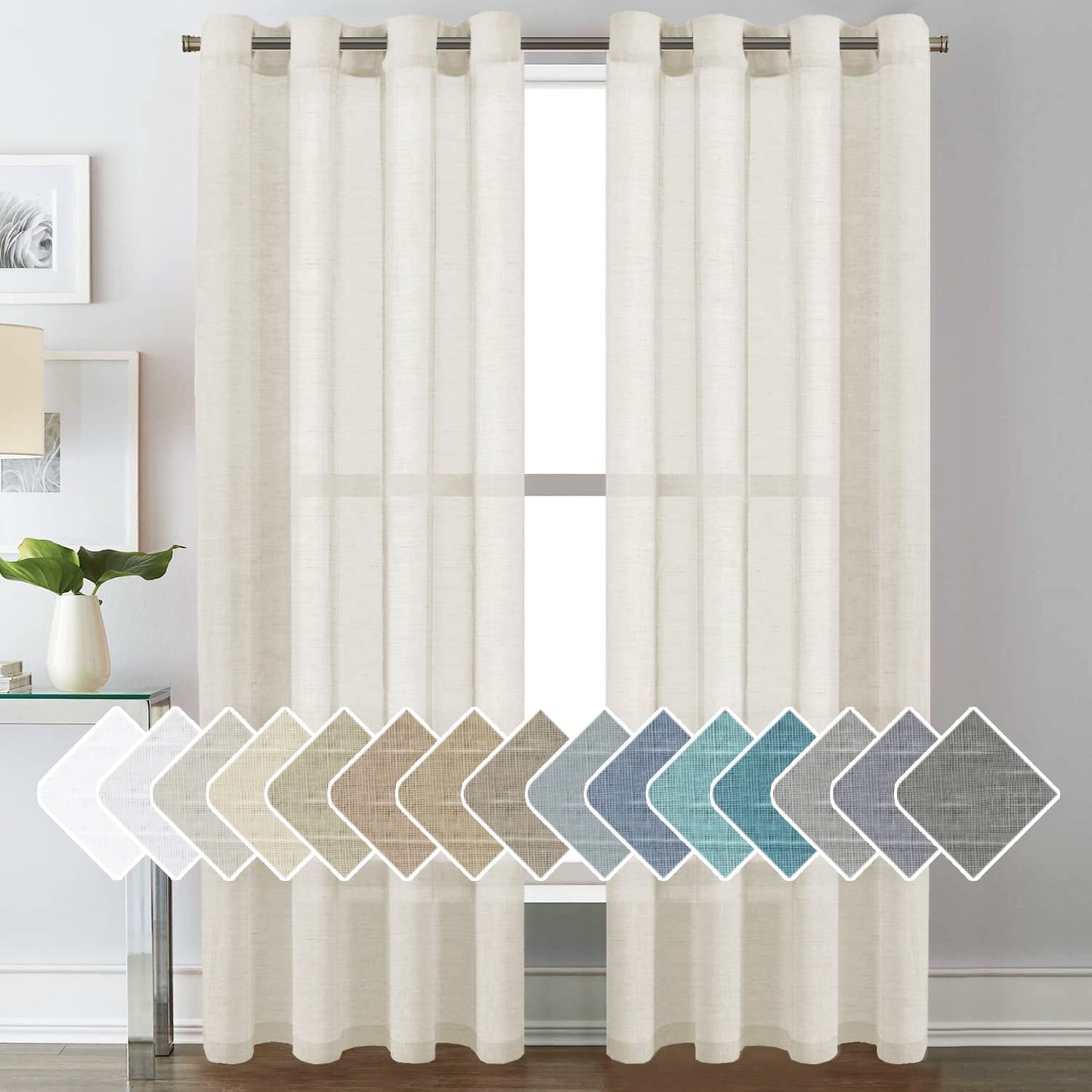 H.VERSAILTEX Natural Linen Sheer Curtains Flax Linen Blended Curtain Panels Living Room, Nickel Grommet Semitransparent Semi-Sheer Soft Privacy Drapes, Natural, 84 inches Long 2 Panels