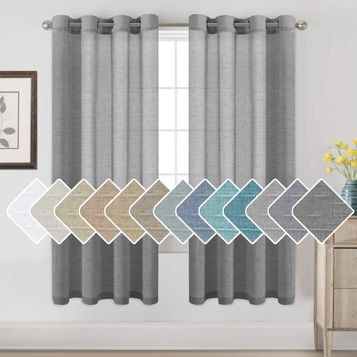 H.VERSAILTEX Natural Linen Sheer Curtains Flax Linen Blended Curtain Panels Living Room, Nickel Grommet Semitransparent Semi-Sheer Soft Privacy Drapes, Natural, 84 inches Long 2 Panels