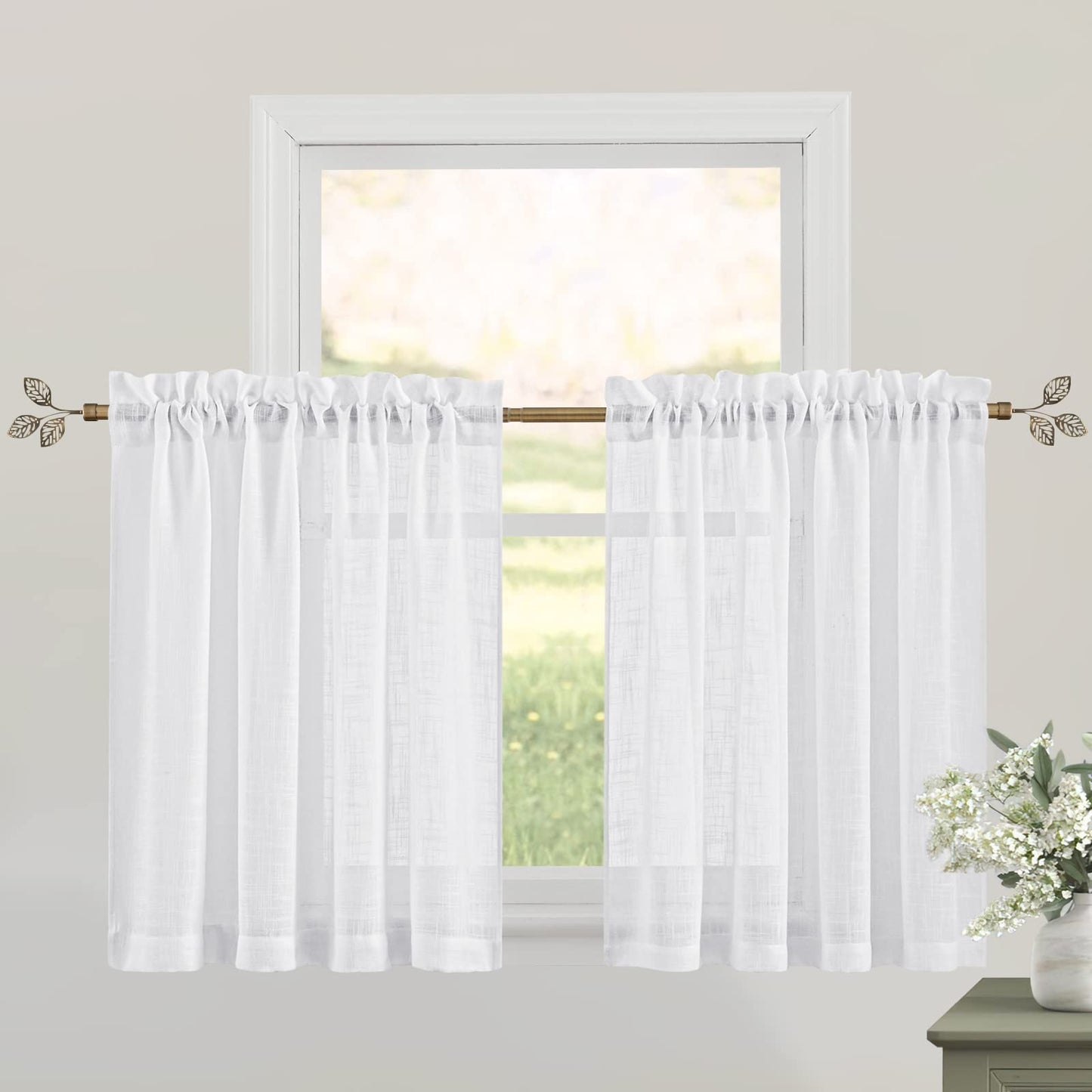 RYB HOME White Semi Sheer Curtains 84 inches Long for Living Room | Half Privacy, Linen Textured, Sheer Light Filtering, Vertical Window Drapes, for Bedroom Dining, White, W52 x L84, 2 Panels