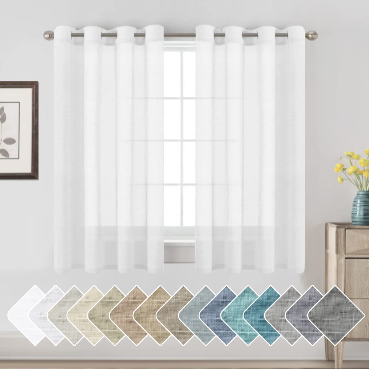 H.VERSAILTEX Natural Linen Sheer Curtains Flax Linen Blended Curtain Panels Living Room, Nickel Grommet Semitransparent Semi-Sheer Soft Privacy Drapes, Natural, 84 inches Long 2 Panels