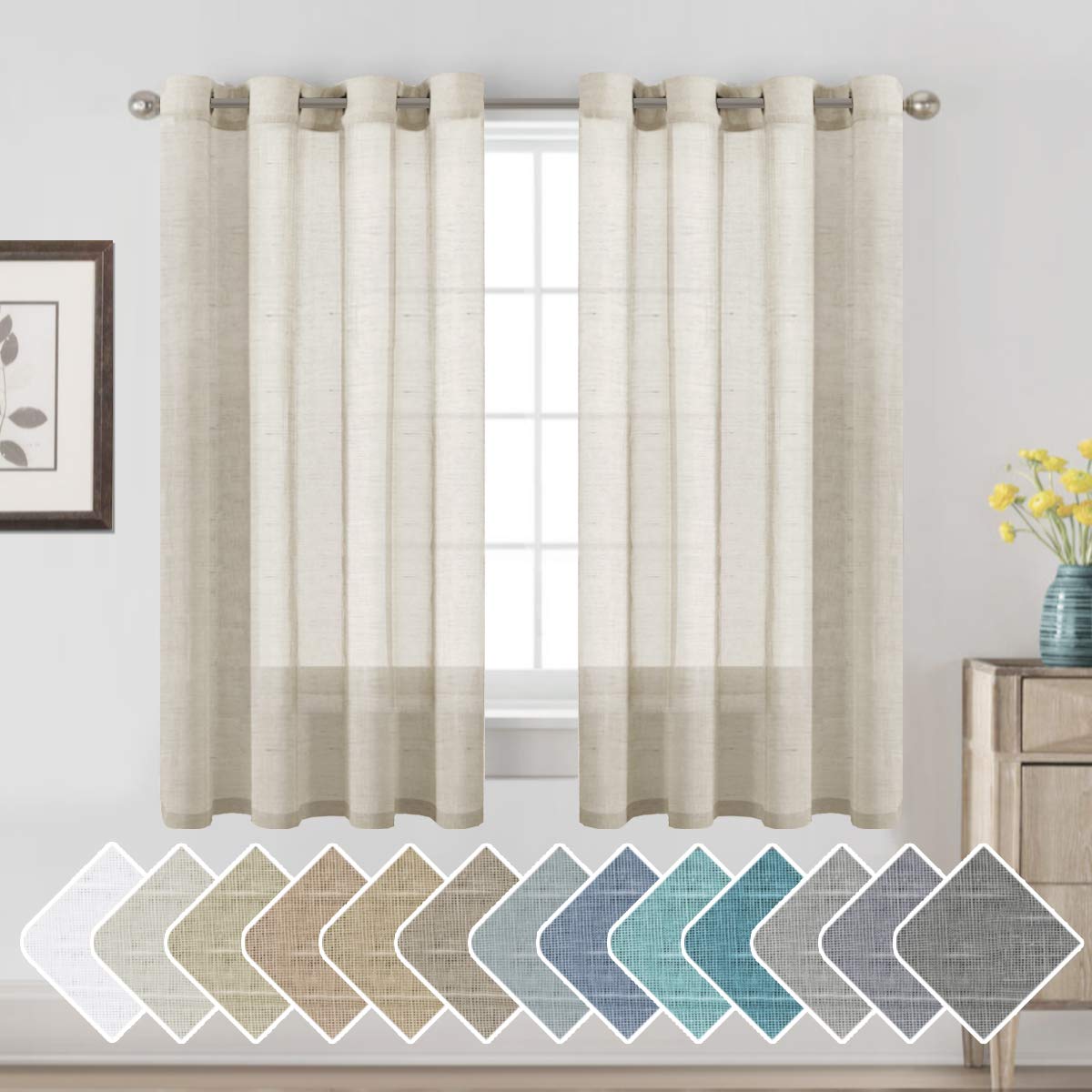 H.VERSAILTEX Natural Linen Sheer Curtains Flax Linen Blended Curtain Panels Living Room, Nickel Grommet Semitransparent Semi-Sheer Soft Privacy Drapes, Natural, 84 inches Long 2 Panels