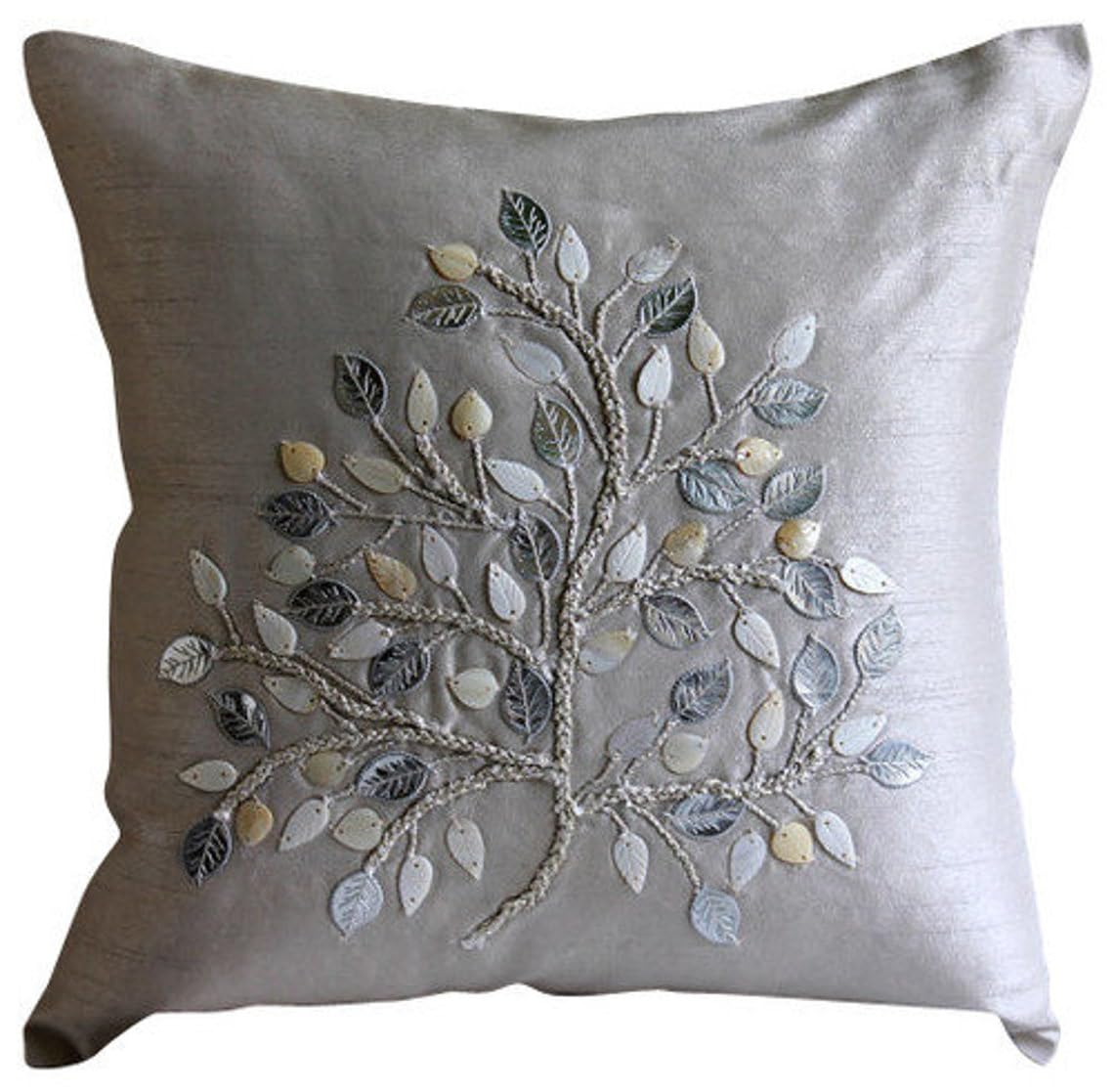 HomeCentric Silver Faux Leather Pearl Leaves Pillow, 24x24 inch, Silk, Contemporary Floral - Silver Beauty