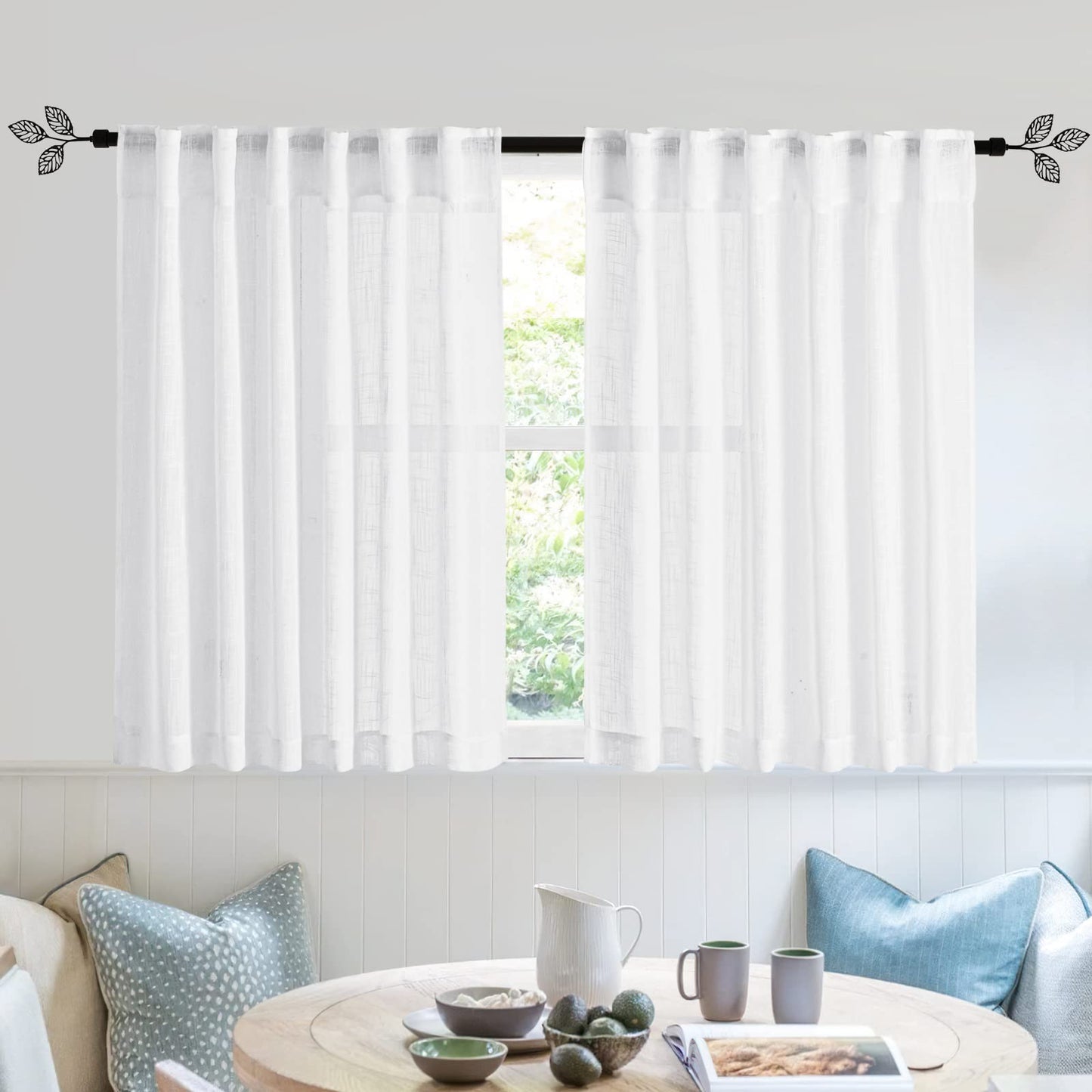 RYB HOME White Sheer Curtains for Living Room Patio Glass Door, W52 x L95 | Linen Texture, Light Filtering Privacy, Airy Translucent, Back Tab, Bedroom Office Balcony, W52 x L95, 2 Panels