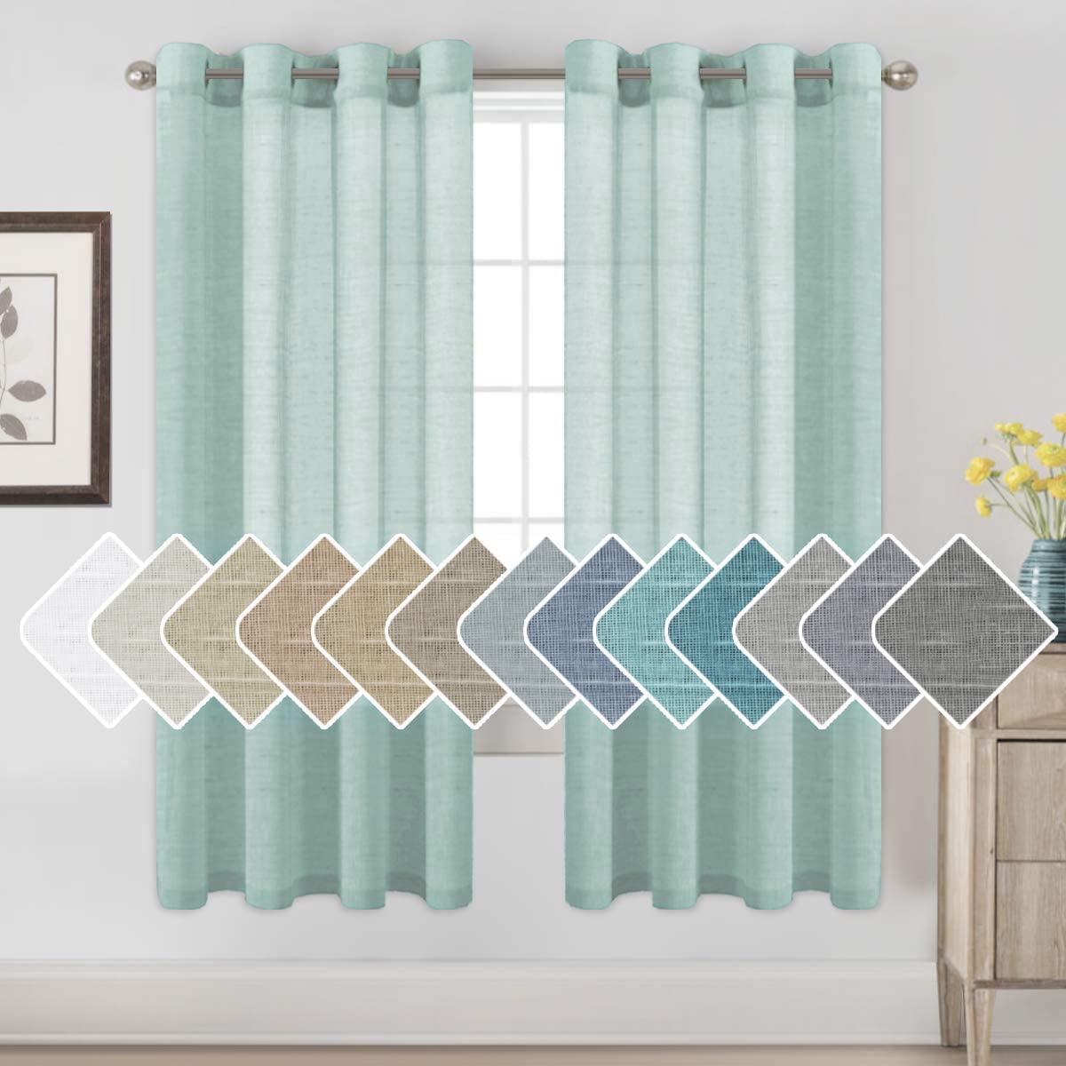 H.VERSAILTEX Natural Linen Sheer Curtains Flax Linen Blended Curtain Panels Living Room, Nickel Grommet Semitransparent Semi-Sheer Soft Privacy Drapes, Natural, 84 inches Long 2 Panels