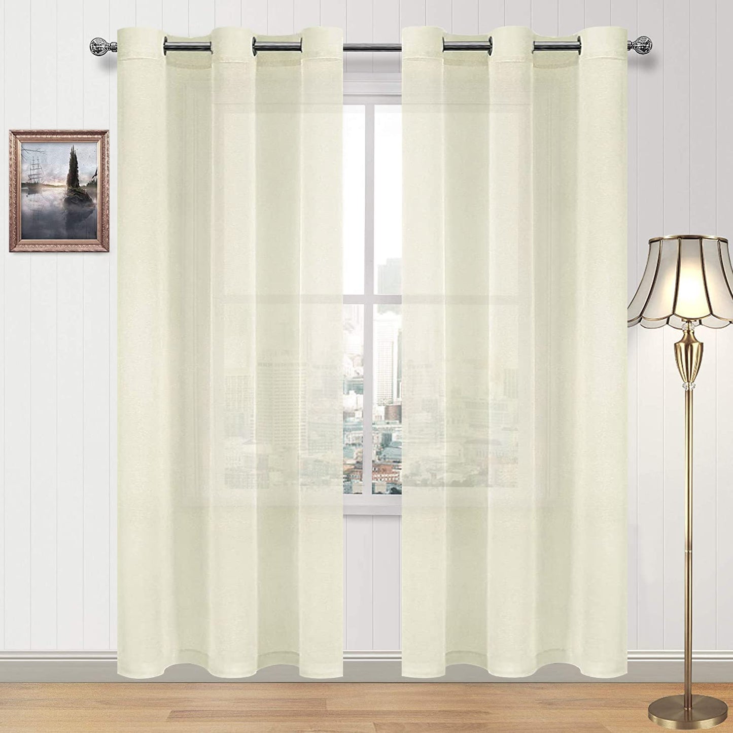 DWCN White Sheer Curtains Linen Look Semi Transparent Voile Grommet White Curtains for Living Dining Room Drapes 52 x 84 Inch Long, Set of 2 Panels