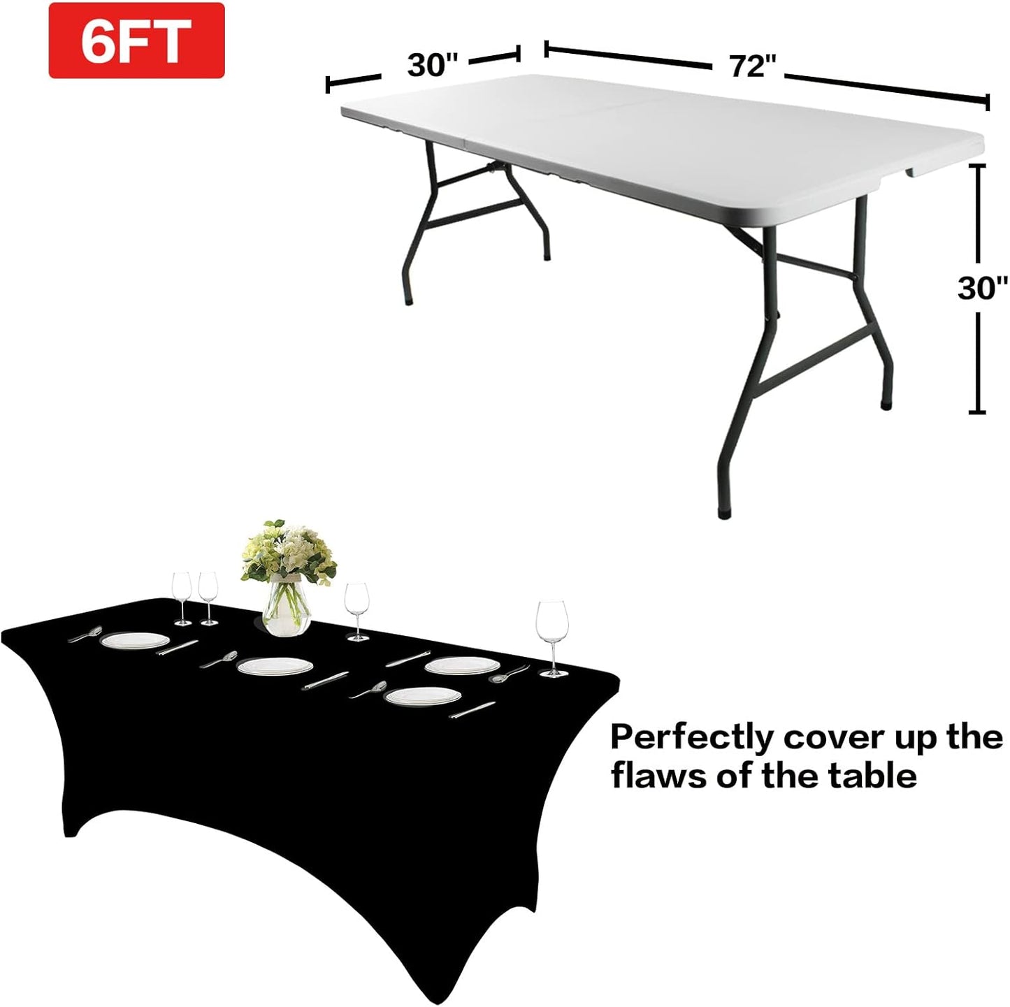 IVAPUPU 2 Pack 6FT Black Table Cloth for Rectangular Spandex Table Cover | Fitted Events Stretch Covers Washable Spandex Tablecloth Protector for Party, Wedding, Cocktail, Banquet, Festival