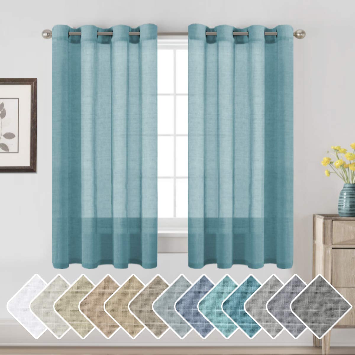 H.VERSAILTEX Natural Linen Sheer Curtains Flax Linen Blended Curtain Panels Living Room, Nickel Grommet Semitransparent Semi-Sheer Soft Privacy Drapes, Natural, 84 inches Long 2 Panels