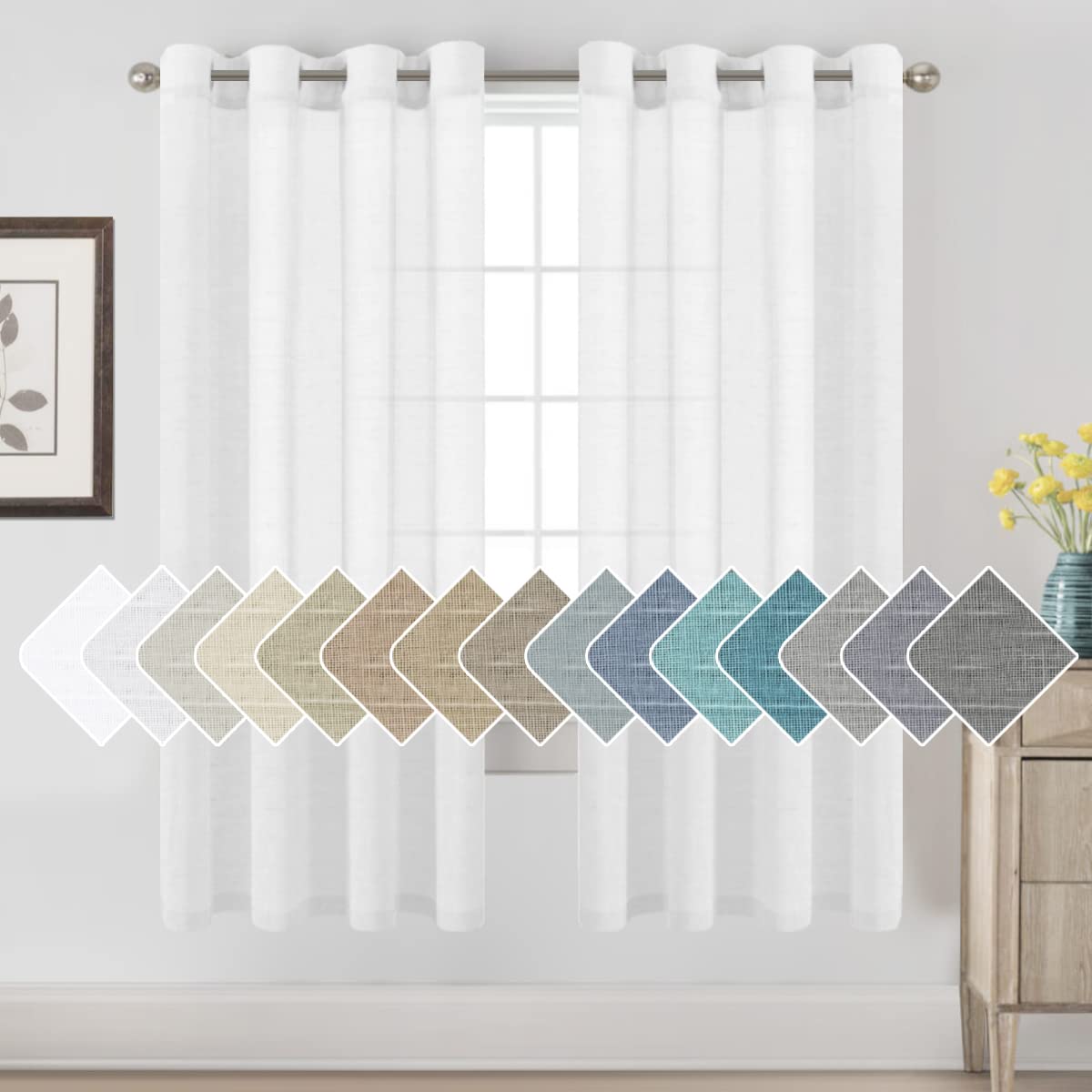 H.VERSAILTEX Natural Linen Sheer Curtains Flax Linen Blended Curtain Panels Living Room, Nickel Grommet Semitransparent Semi-Sheer Soft Privacy Drapes, Natural, 84 inches Long 2 Panels