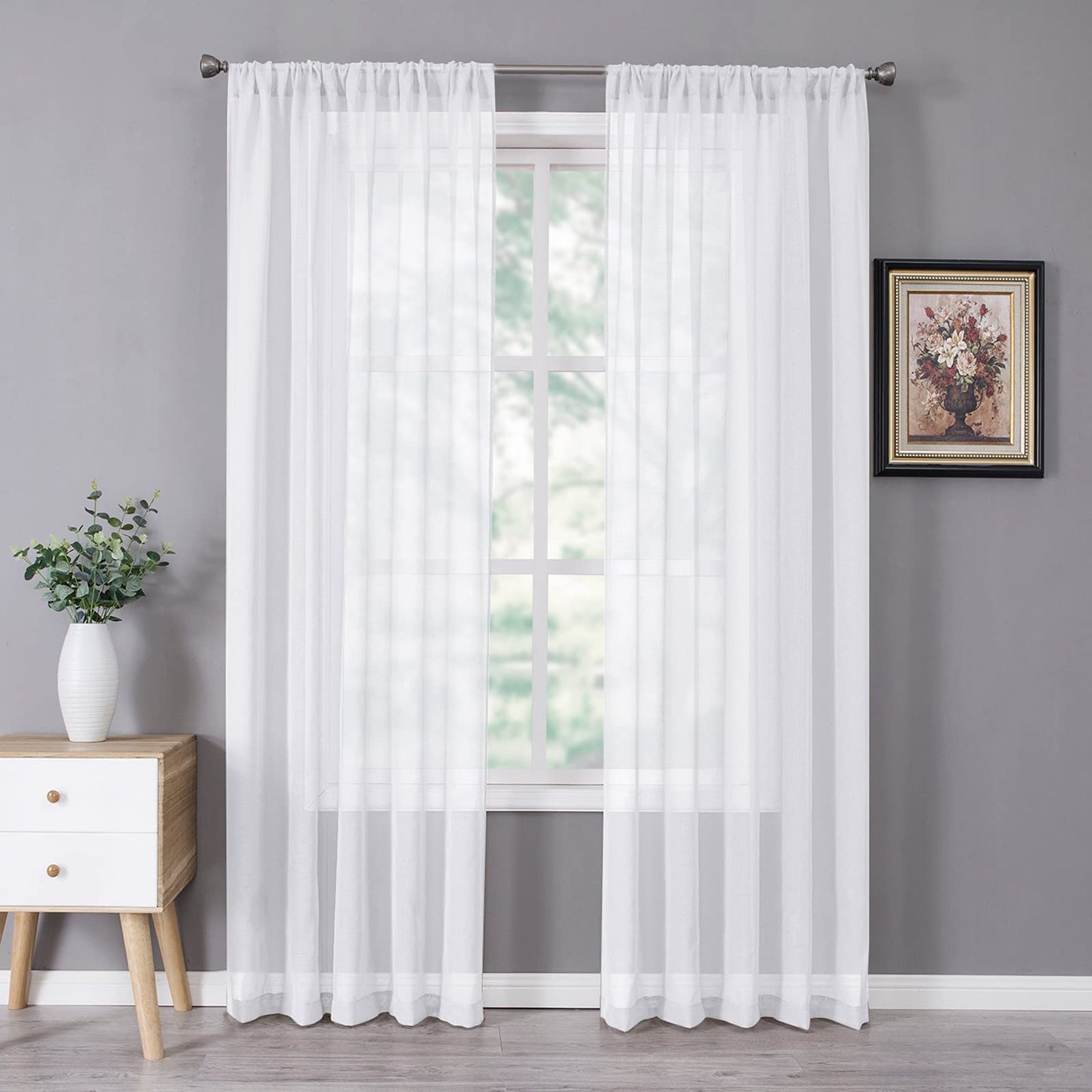 Tollpiz Sheer Curtains Living Room Linen Textured Curtain Sheers Light Filtering Voile Rod Pocket Curtains for Bedroom, 38 x 63 inches Long, White, Set of 2 Panels