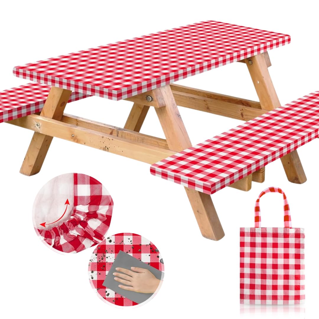 Vinyl Fitted Picnic Table Cover with Bench Covers & Blue 6ft Blue Checkered | Vinyl Fitted Picnic Table Cover with Bench Covers and Bag, Outdoor Waterproof Windproof Picnic Tablecloth with Elastic Edges.