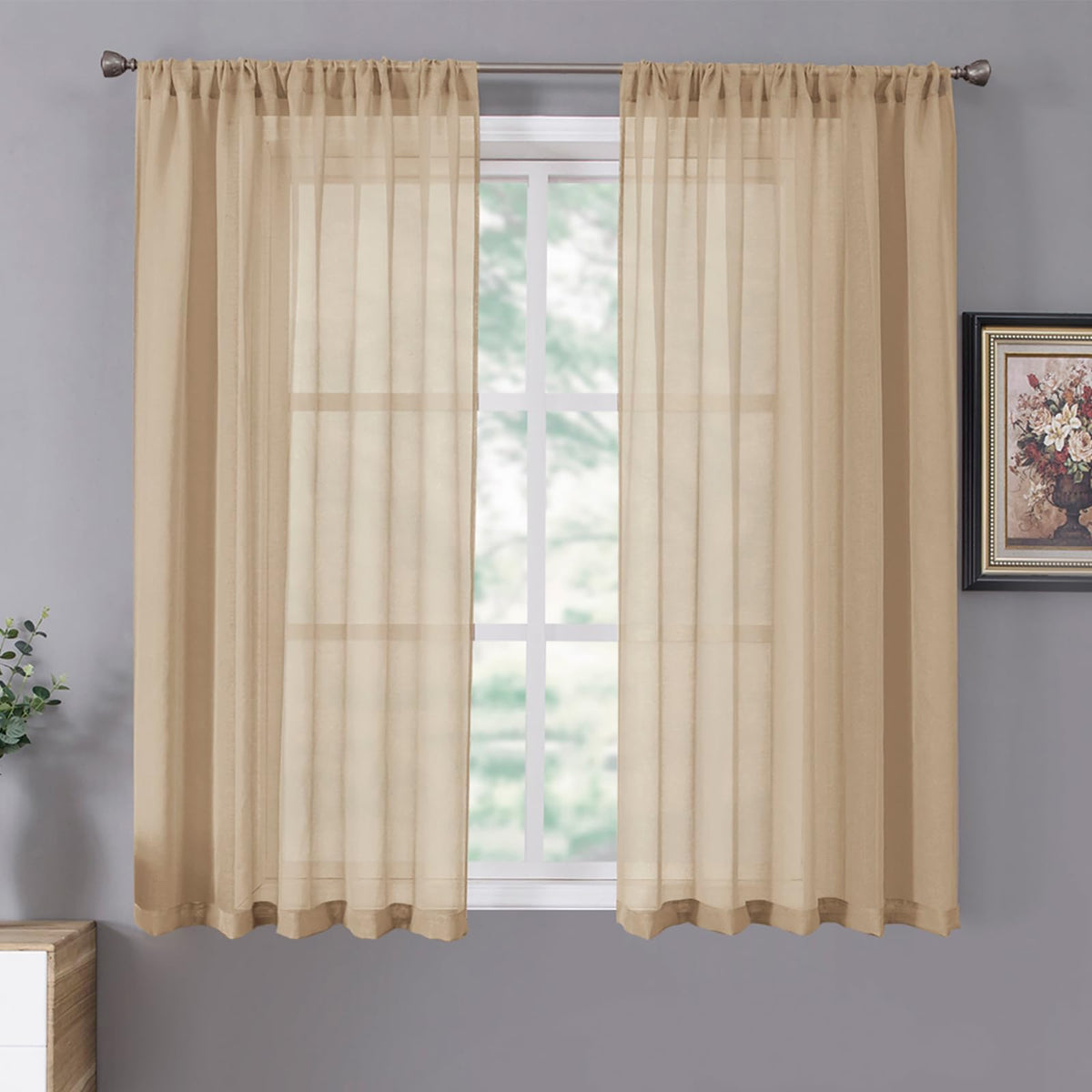 Tollpiz Sheer Curtains Living Room Linen Textured Curtain Sheers Light Filtering Voile Rod Pocket Curtains for Bedroom, 38 x 63 inches Long, White, Set of 2 Panels