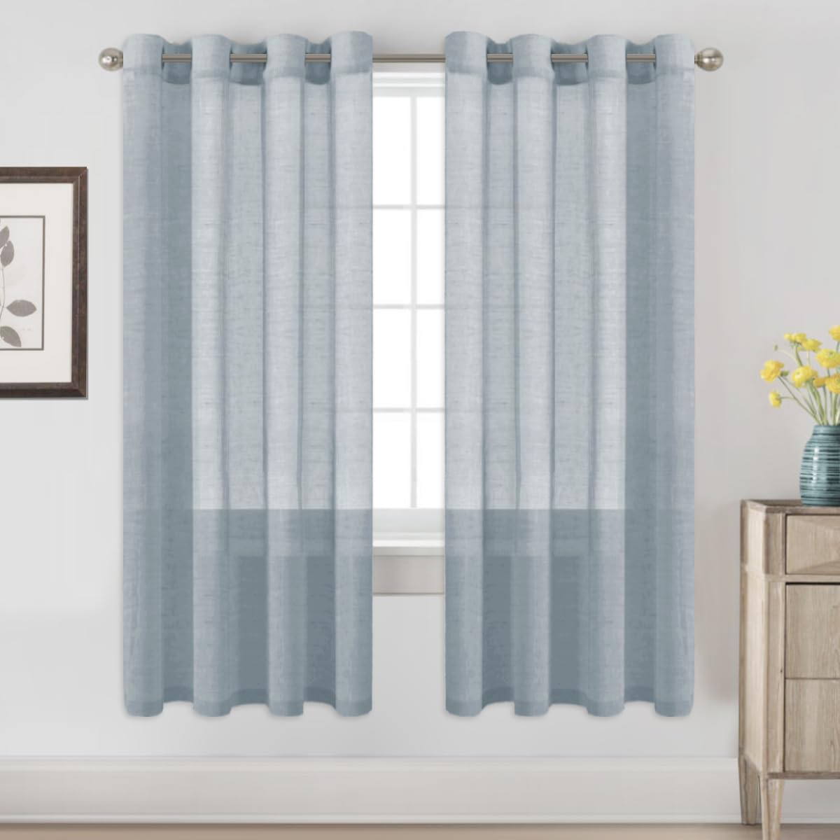H.VERSAILTEX Natural Linen Sheer Curtains Flax Linen Blended Curtain Panels Living Room, Nickel Grommet Semitransparent Semi-Sheer Soft Privacy Drapes, Natural, 84 inches Long 2 Panels