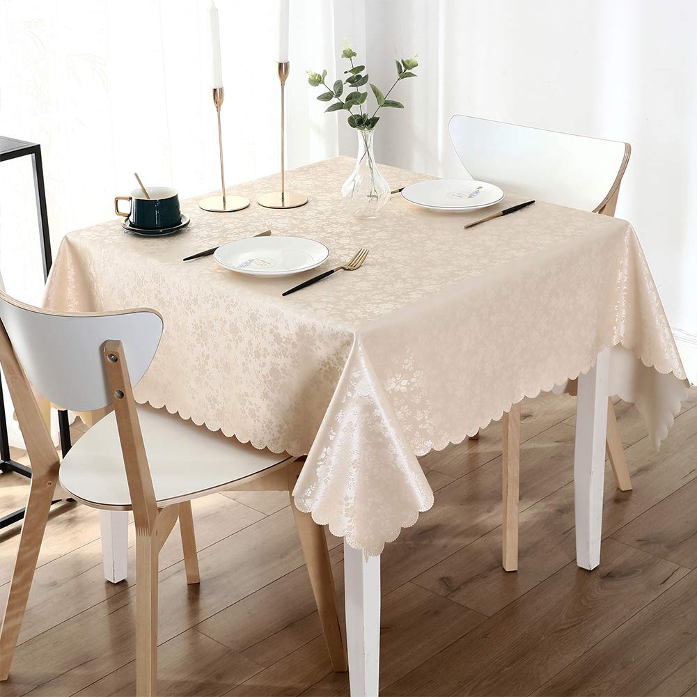 Smiry Rectangle Waterproof Heavy Duty Vinyl Tablecloths, 60 x 84 Inch | Wipeable Washable Floral Embossed Table Cover for Kitchen and Dining Room, Indoor & Outdoor Use, Beige