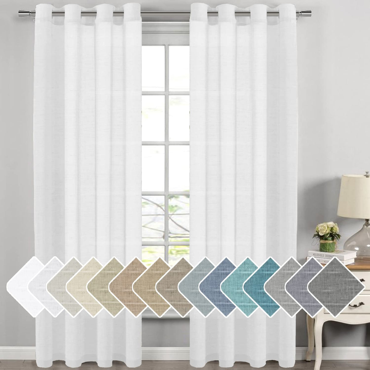 H.VERSAILTEX Natural Linen Sheer Curtains Flax Linen Blended Curtain Panels Living Room, Nickel Grommet Semitransparent Semi-Sheer Soft Privacy Drapes, Natural, 84 inches Long 2 Panels