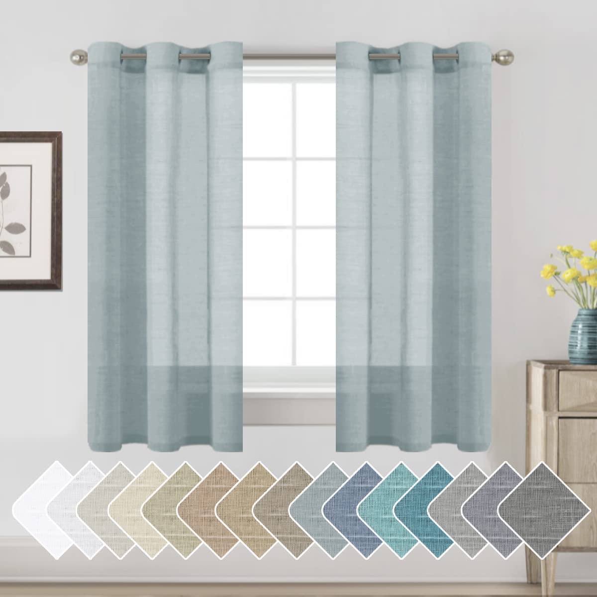 H.VERSAILTEX Natural Linen Sheer Curtains Flax Linen Blended Curtain Panels Living Room, Nickel Grommet Semitransparent Semi-Sheer Soft Privacy Drapes, Natural, 84 inches Long 2 Panels