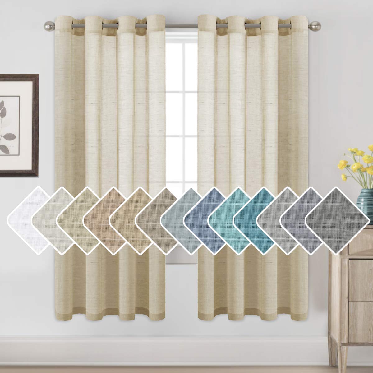 H.VERSAILTEX Natural Linen Sheer Curtains Flax Linen Blended Curtain Panels Living Room, Nickel Grommet Semitransparent Semi-Sheer Soft Privacy Drapes, Natural, 84 inches Long 2 Panels